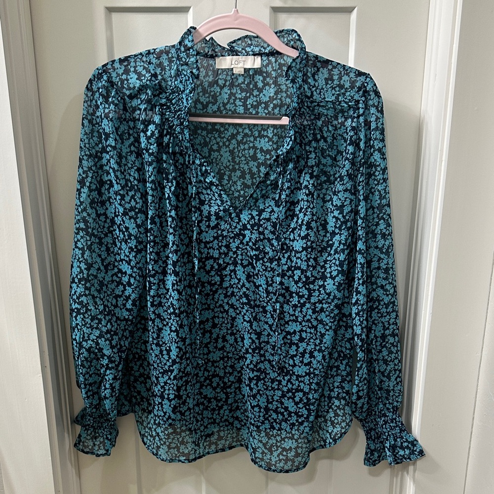 LOFT Teal Floral Blouse M